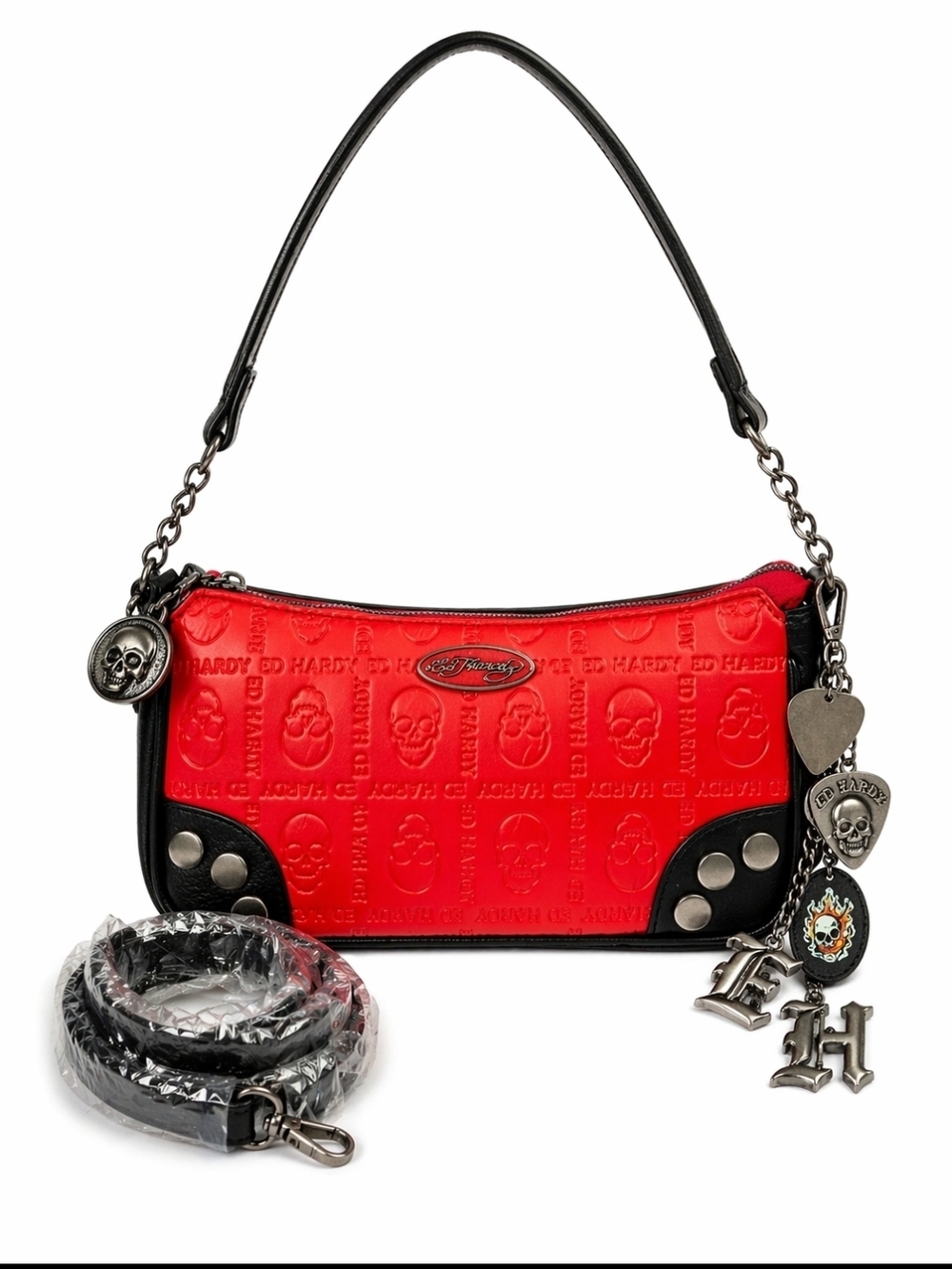 Ed Hardy Y2K Red Skull Embossed Shoulder Bag Charm Punk Mini Purse